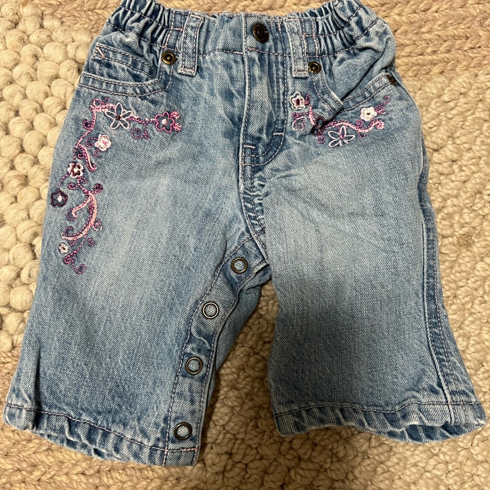 The Children’s Place, Size 0-3 months, girls, jeans with pink embroidery, button
